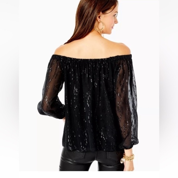 Lilly Pulitzer Emilee Long Sleeve Off Shoulder Blouse Onyx Silk Chiffon S $188 - Picture 2 of 11